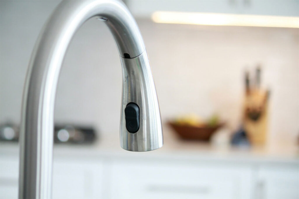 Stainless steel faucet in a kitchen