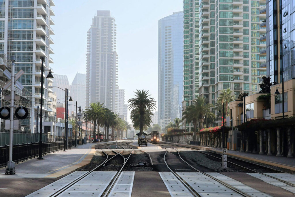 TK Train tracks and skyscrapers in San Diego